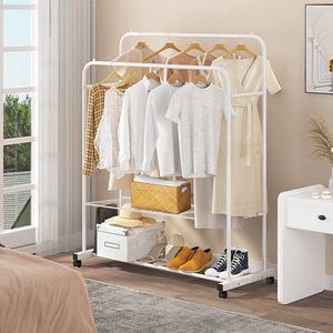 Dual Rail large capacity metal coat rack Double Garment Rack White Clothing Hanger Stand w/ 2 Tier Shelf for Bedroom
