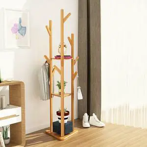 Heavy Duty Corner Clothes Hanger Wooden Coat Rack Tree-Shaped Coat Stand for Hallway Bedroom Entryway