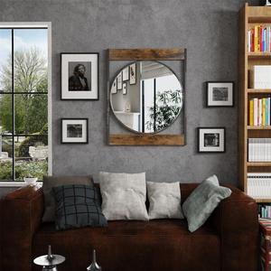 Rustic  Wooden&Metal Frame Wall Mirror Dampproof Decorative Hang Art Mirror Bathroom Mirror