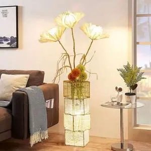 Modern Standing Floor Lamp Rattan LED Night Light Pastoral Hand-Woven Flower Smart Corner Lamp Art Decor  3 Color Light for Reading Living Room Bedroom Tea Room Club Office Sofa Side