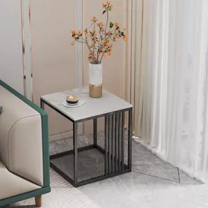 Real Marble Top End Side Table Sintered Stone White Coffee Table Square Nightstand Modern Accent Tables  with Black Iron Fram for for Living Room Bedroom Hallway