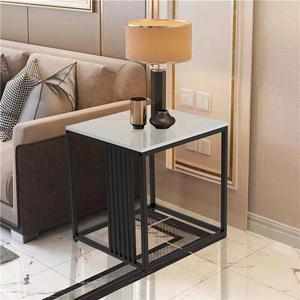 Square Sintered Stone End Table Modern Bedside Sofa Side Accent Tables with Black Metal Frame Home Furniture