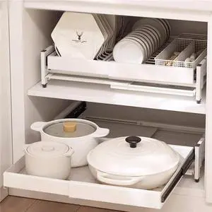 Dual-Track Pull Out Cabinet Organizer Dish Drying Shelf Slide Out Pantry Drawer