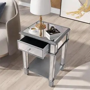 Silver Mirrored End Side Table with Drawer & Open Shelf Nightstand Accent Table
