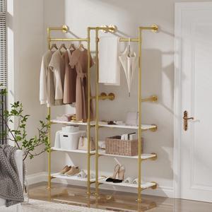 UNHO Heavy Duty Industrial Pipe Walk-in Wall Coat Garment Stand Clothes Closet Organizer Rack Open Wardrobe Shoe Rack w/Removable Storage Shelves