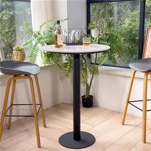 105 cm High Marble Cocktail Bar Table Round Bistro Pub Desk for Office Kitchen Restaurant Hotel White & Black
