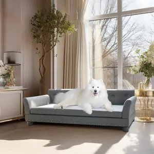 Large Elevated Dog Sofa Bed Microfiber Leather Couch Pet Sleep Joint Support Bed with Copper Nail