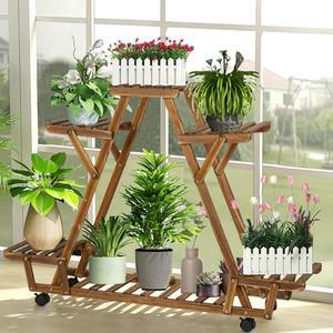 UNHO Rolling 6 Tier Carbonized Wood Plant Stand Rack Multiple Flower Pot Holder Shelf Indoor Outdoor Planter Display shelving unit for Patio Garden Corner Balcony Living Room Flower Shop Office