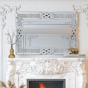 UNHO Decorative Wall Mirror: Rectangle Crush Diamond Wall Hanging Mirror Silver Glass Accent Mirror for Living Room, Fireplace, Bedroom Decor
