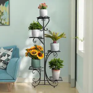 UNHO 5-story Technology Tall Plant Stands Environmental Protection Abrasion Resistance and Embroidery Prevention Outdoor Metal Iron Plant Stands Garden Flowerpot Display Stands Terrace Balcony