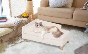UNHO L-shaped Dog Sofa Cat Bed Rubber Wooden Legs With Cushion Plush Pillow Upscale Soft Warm Nested Sofa Stool White 70x40x39cm