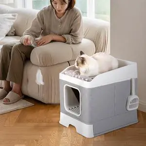 UNHO Detachable Cat Litter Box Closed Detachable Top Front Easy to Clean Large Space Grey White