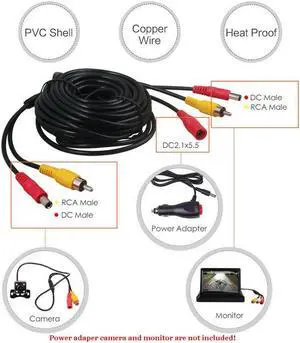 Paiying 7M Car RCA Power o Video AV Cable Extension Wire for Auto Reversing Camera