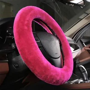 Acaigel Red Natural Wool Car Steering Wheel Cover Hand Brake Gear Covers Kit