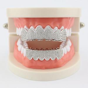 2pcs New Silver Plated Bling Bling Cubic Zirconia Top & Bottom Mouth Teeth Cover