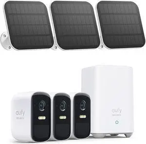 eufy Security, eufyCam 2C 3-Cam Kit with Solar Panel 2W, Security Camera Wireless Outdoor, Home Security System, HomeKit Compatibility, 1080p HD, IP67, Night Vision, Motion Only Alert, No Monthly Fee