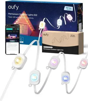 eufy Permanent Outdoor Lights E22, 100ft+ 50ft kit (Total 150ft) with 90 Triple-LED Lights, Smart RGBWW, Up to IP67 Waterproof, AI Lighting Themes for Halloween, Christmas, Links with Cameras, White eufy Permanent Outdoor Lights E22, 100ft+ 50ft kit (Total 150ft) with 90 Triple-LED Lights, Smart RGBWW, Up to IP67 Waterproof, AI Lighting Themes for Halloween, Christmas, Links with Cameras, White