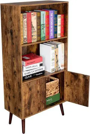 TakeIt Bookcase, 2-Tier Vintage Bookshelf with Doors, Storage Cabinet for Books, Photos, Decorations, in Living Room, Office, Library