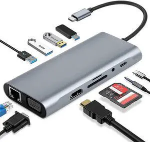 TakeIt USB C Hub 11 in 1 Adapter Docking Station with 4K HDMI VGA USB3.0 USB2.0 100W PD Charger Audio 3.5mm SD TF Card Reader RJ45 for Type-C Laptop Phone