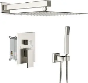 12 Inches Rain Mixer Shower Combo Set Rainfall Wall Mounted Dual Shower Head System, Brushed Nickel