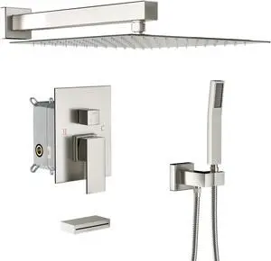 3-Spray Shower System With Square Wall Mounted Adjustable Shower Head And Handheld Shower,  Brushed Nickel
