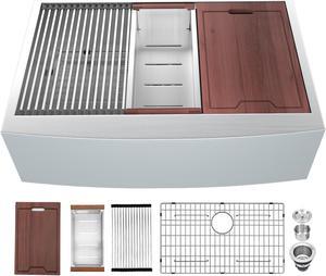 33''(L) x 22''(W) x 10''(H) Farmhouse Workstation Kitchen 16 Gauge SUS 304 Stainless Steel Sink Single Bowl Workstation Sink With Cutting Board And Colander,Brushed Finish