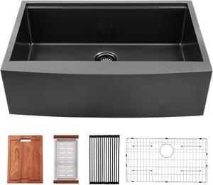 30"(L) x 22"(W) x 10"(H) Gunmetal Black 16 Guage SUS 304 Stainless Steel Single Bowl Farmhouse Kitchen Sink  Apron Front Undermount Workstation Sink With Accessories