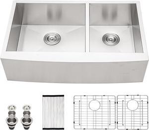 33''(L) x 20''(W) x 9''(H) Double Bowl 60/40 Farmhouse Kitchen Sink 18 Guage SUS 304 Stainless Steel Handmade Modern Apron Front Sink With Accessories