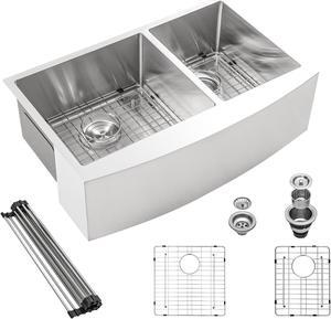33''(L) x 21''(W) x 10''(H) Double Bowl 50/50 Farmhouse Kitchen Sink 16 Guage SUS 304 Stainless Steel Handmade Modern Farm Sink With Accessories