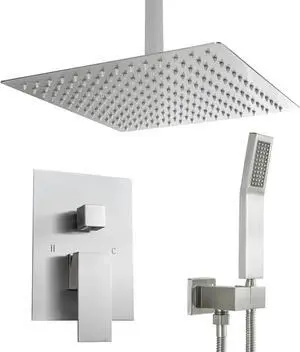 Dual Ceiling Mounted Shower Combo 10''High Pressure Shower Head and Handheld Shower with  Brass Rough-In Valve,Brushed Nickel