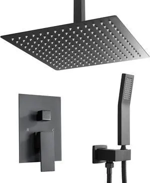 Ceiling Mounted Shower Syatem with Low-Level Diverter 10''Rain Shower Combo Set with Rough-In Valve,Matte Black