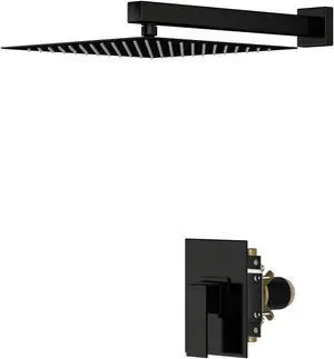 Matte Black Wall Mounted Shower Faucet System,10'' Single Function Bathroom Shower Head Set with Rough-in Brass Valve