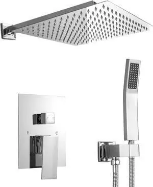 Chrome Shower System,Shower Faucet Set with 10'' Rain Shower Head and 8'' Handheld Wall Mounted High Pressure Shower Head Combo with Rough-in Valve