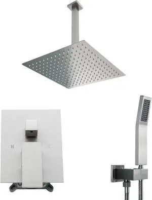 16''Ceiling Mounted Dual Shower Combo Bathroom Luxury Rain Shower Head and Handheld High Pressure Shower Set with Rough-in Valve,Brushed Nickel