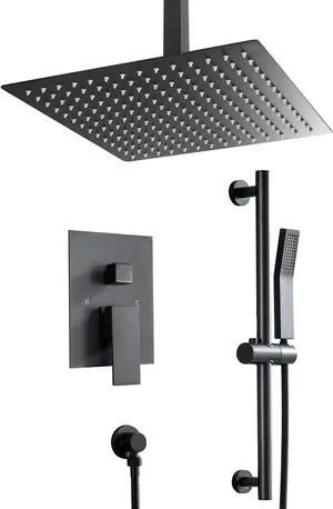 Matte Black Ceiling Mounted Shower System Bathroom Luxury Rain Shower Combo 16'' High Pressure Shower Head and Handheld with Rough-in Valve and Slide Bar