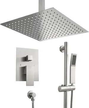 16'' Ceiling Mounted Dual Shower Combo Bathroom Luxury Rain Shower Head and Handheld High Pressure Shower Set with Rough-in Valve and Slide Bar,Brushed Nickel