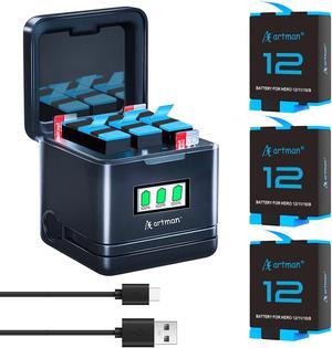 A Artman Replacement Battery 3-Pack for GoPro Hero 12, Hero 11, Hero 10, Hero 9 Black with 3-Channel USB Intelligent Charger Fully Compatible with GoPro Hero 12/11/10/9 Battery Charger (1800mAh)