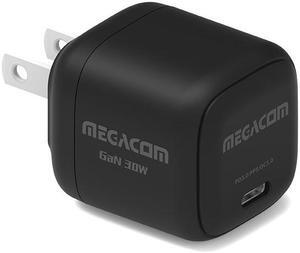 Megacom Gan Charger 30W USB-C Power Adapter, Foldable PD3.0/PPS/QC3.0 Fast Wall Charger Compatible with Smartphones, Tablets, and All USB Type-C Devices (Black)