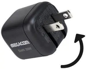 Megacom Gan Charger 30W USB-CX1 Power Adapter, Foldable PD3.0/PPS/QC3.0 Fast Wall Charger Compatible with Smartphones, Tablets (Black)