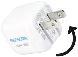 Megacom Gan Charger 30W USB-CX1 Power Adapter, Foldable PD3.0/PPS/QC3.0 Fast Wall Charger Compatible with Smartphones, Tablets, and All USB Type-C Devices (White)