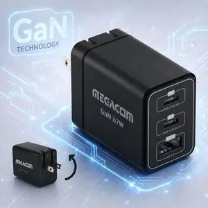 Megacom ME-1011 Foldable Gan Wall Charger 67W USB-C*2+USB-A*1 fast wall charger compatible with smartphones, tablets, and all USB Type-C devices Megacom ME-1011 Foldable Gan Wall Charger 67W USB-C*2+USB-A*1 fast wall charger compatible with smartphones, tablets, and all USB Type-C devices