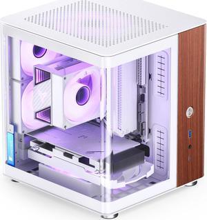 JONSBO TK-0 Separated Cabinet ITX Case Mini Tower,270° Dual-Curved Glass, Al/Solid Walnut Wood, Compact Desktop Case SP GPU 230mm,Separate Air Intake for PSU, Multi Vents Cooling,4 Fan Position,White
