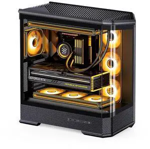 JONSBO D400 BLACK ATX PC Case, Supports ATX / M-ATX / ITX MB, Golden-Ratio 3D Shape Design, Integrated Cured Tempered Glass, Desktop Case,SP Back-connect MB/Vertical GPU/AIO360,Multi Fan Bays, Black