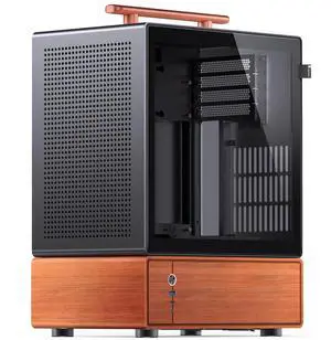JONSBO T7 Black Micro ATX PC Case, Aluminum Chassis, with Multifunctional Handle, Solid Wood Veneer Desktop Computer Case, MB:MicroATX/ITX,GPU 280mm,PSU ATX 220mm,Place on The Left Black