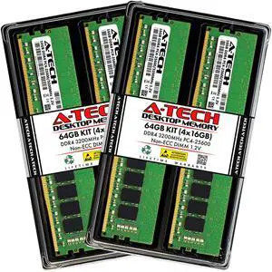 A-Tech 64GB 4x 16GB PC4-25600 Desktop DIMM DDR4 3200 MHz Non-ECC Memory RAM 64G A-Tech 64GB 4x 16GB PC4-25600 Desktop DIMM DDR4 3200 MHz Non-ECC Memory RAM 64G