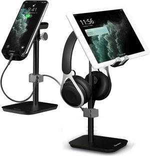 Phone Stand with Headphone Holder, Kavalan Height & Angle Adjustable Aluminum Smartphone & Headset Stand, Cell Phone Cradle Stand w/Cable Organizer, Fits Tablet Within 11 inches & Smartphone, Black