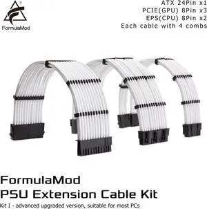 FormulaMod NCK1 Series PSU Extension sleeved Cable Kit , Custom Power Supply Braided Cable Solid Combo 300mm ATX24Pin PCI-E8Pin CPU8Pin With Combs, Kit I White FormulaMod NCK1 Series PSU Extension sleeved Cable Kit , Custom Power Supply Braided Cable Solid Combo 300mm ATX24Pin PCI-E8Pin CPU8Pin With Combs, Kit I White