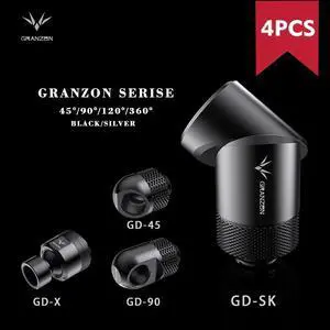 Granzon Fitting In 4 Pcs/Set , Multi-angle/Anti-off Hard Tube Adaptor, Brass Black/Silver G1/4" Rotary Connector, Revolvable Adjustable For Water Cooling, GD-X