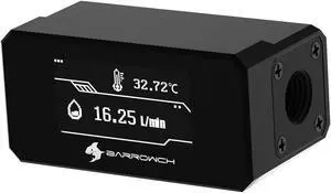 Barrow OLED Digital Display Water Flow Thermometer, System Monitor POM Body Flow Meter, High Temperature Alarm,  For Water Cooling Loop, Black FBFT07