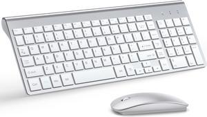Wireless Keyboard and Mouse Ultra Slim Combo, TopMate 2.4G Silent Compact USB Mouse and Scissor Switch Keyboard Set with Cover, 2 AA and 2 AAA Batteries, for PC/Laptop/Windows/Mac - Silver White